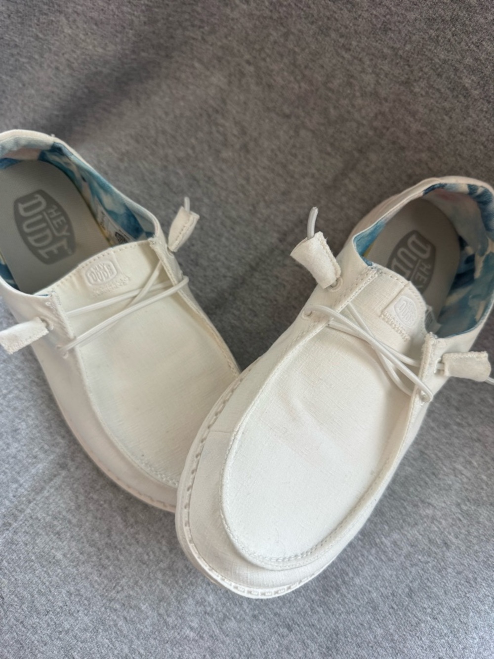 Women’s Hey Dude White Canvas Slip-On Shoes with Blue Patterned Lining